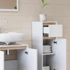 Badmöbel-Set Emma Weiß/Sonoma 3 Teile, mit Midischrank Vicco