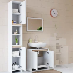 Badmöbel-Set Emma Weiß/Sonoma 3 Teile, mit Hochschrank Vicco