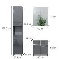 Badmöbel-Set Fredd Anthrazit Hochglanz 3 Teile, mit Hochschrank Vicco