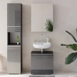 Badmöbel-Set Fredd Anthrazit Hochglanz 3 Teile, mit Hochschrank Vicco