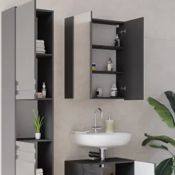 Badmöbel-Set Fredd Anthrazit Hochglanz 3 Teile, mit Hochschrank Vicco