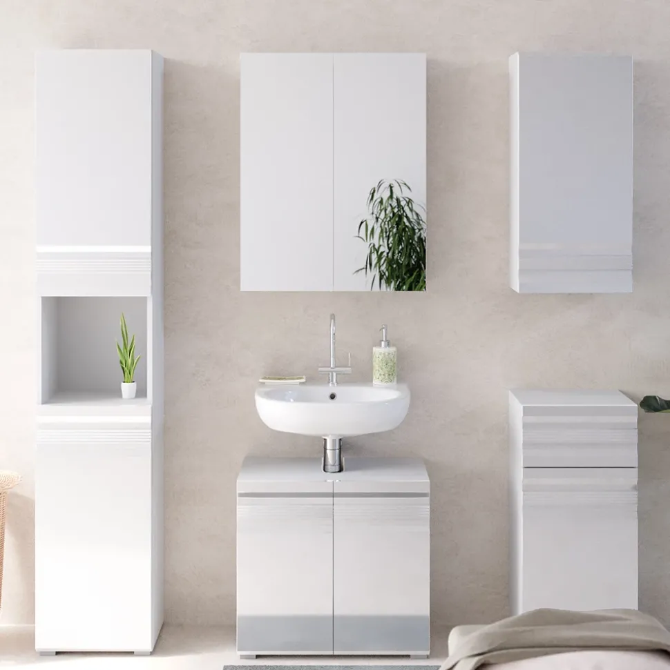 Badmöbel-Set Fredd Weiß Hochglanz 5 Teile Vicco