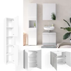 Badmöbel-Set Fredd Weiß Hochglanz 3 Teile, mit Hochschrank Vicco