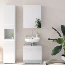 Badmöbel-Set Fredd Weiß Hochglanz 3 Teile, mit Hochschrank Vicco