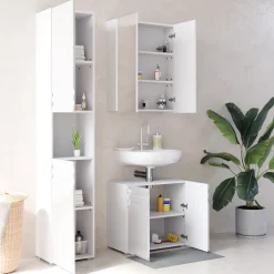 Badmöbel-Set Fredd Weiß Hochglanz 3 Teile, mit Hochschrank Vicco