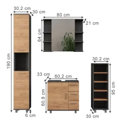 Badmöbel-Set Ilias Anthrazit/Goldkraft Eiche 4 Teile Vicco