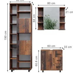 Badmöbel-Set Ilias Eiche rustikal 3 Teile, mit Unterschrank 60 cm Vicco