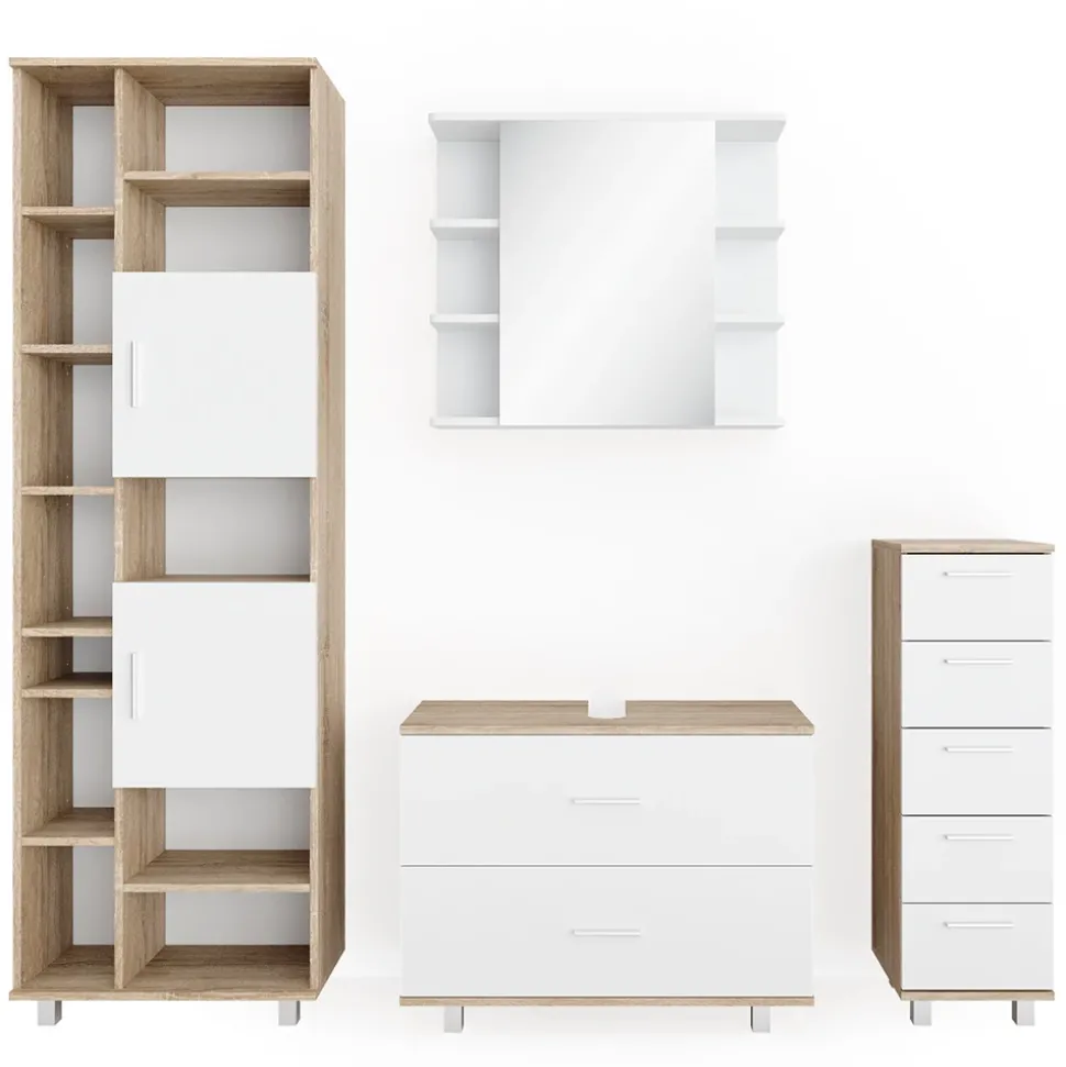 Badmöbel-Set Ilias Weiß/Sonoma 4 Teile, mit Hochschrank Vicco
