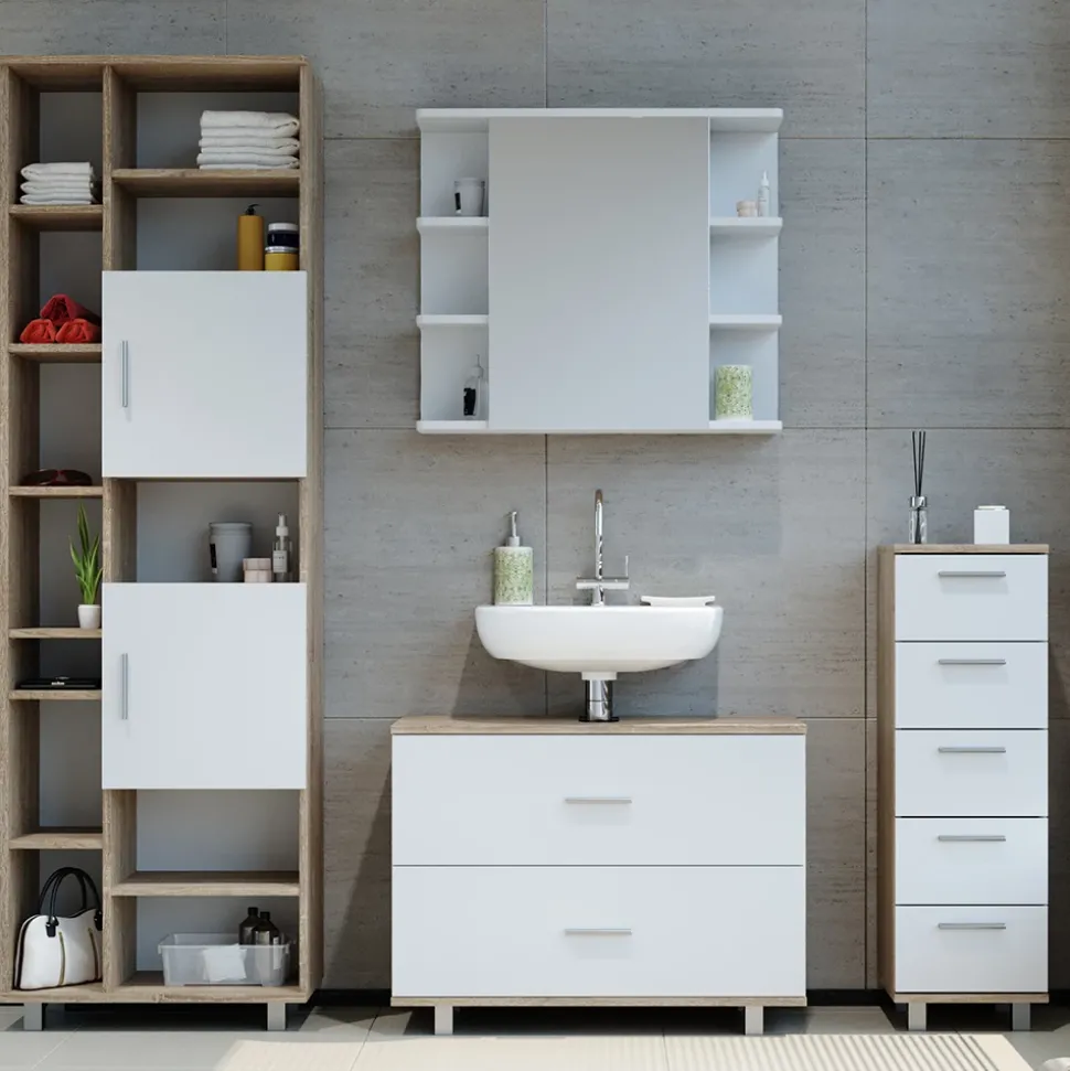 Badmöbel-Set Ilias Weiß/Sonoma 4 Teile, mit Hochschrank Vicco