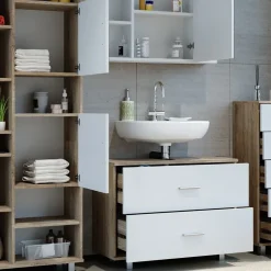 Badmöbel-Set Ilias Weiß/Sonoma 4 Teile, mit Hochschrank Vicco