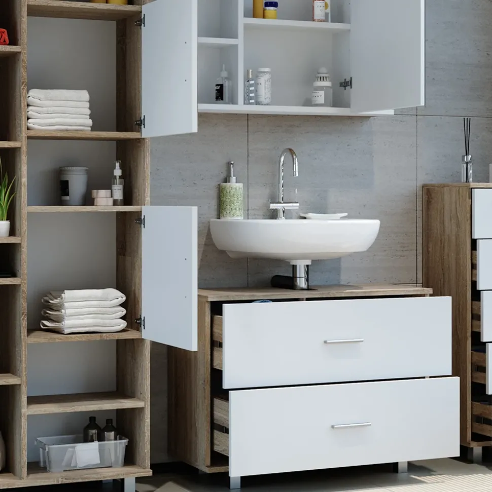 Badmöbel-Set Ilias Weiß/Sonoma 4 Teile, mit Hochschrank Vicco