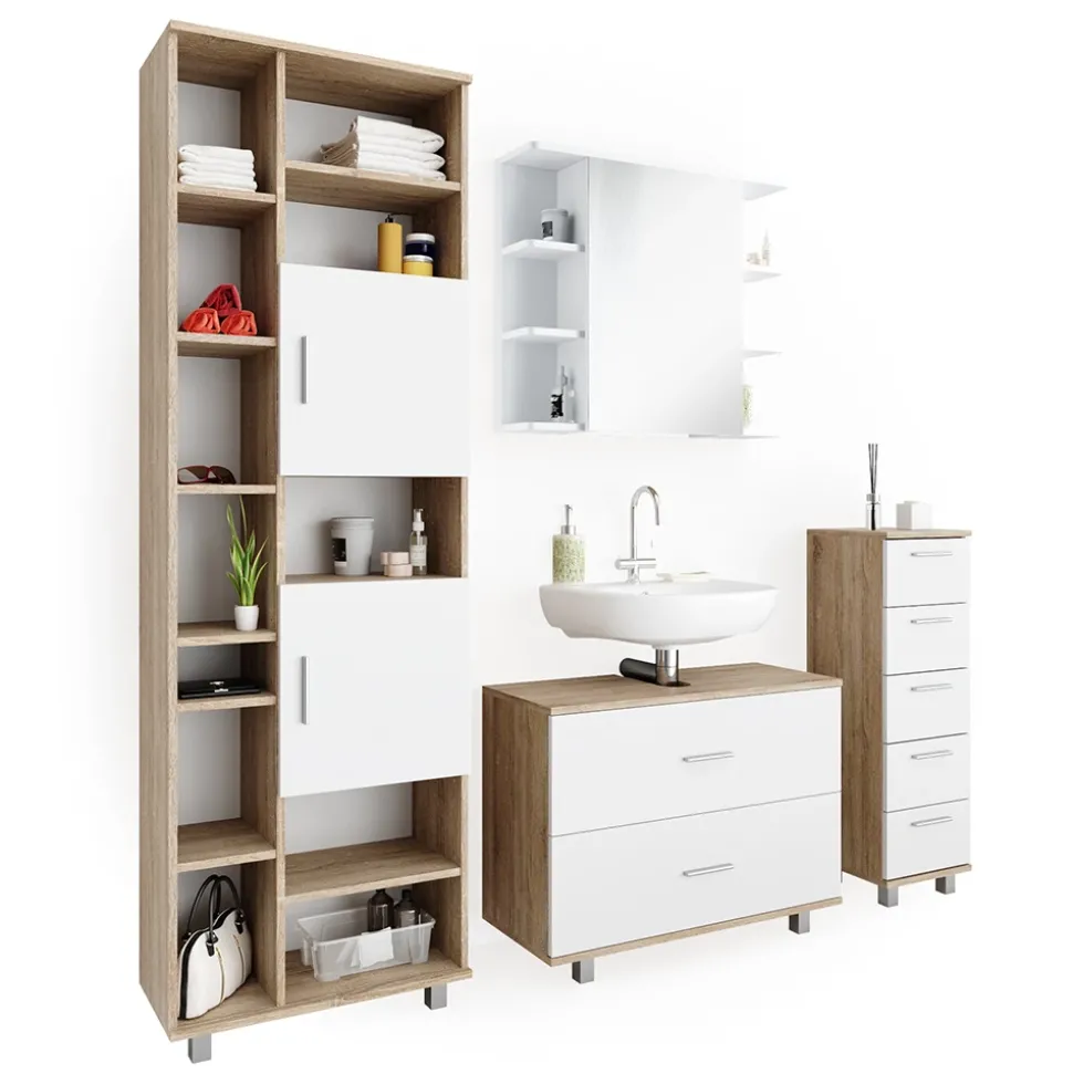 Badmöbel-Set Ilias Weiß/Sonoma 4 Teile, mit Hochschrank Vicco