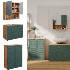 Badmöbel-Set Irma Grün/Goldkraft Eiche 3 Teile, mit Unterschrank 80 cm Vicco