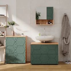 Badmöbel-Set Irma Grün/Goldkraft Eiche 3 Teile, mit Unterschrank 80 cm Vicco