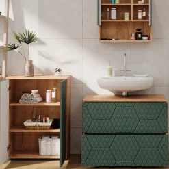 Badmöbel-Set Irma Grün/Goldkraft Eiche 3 Teile, mit Unterschrank 80 cm Vicco