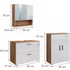 Badmöbel-Set Irma Weiß Hochglanz/Goldkraft Eiche 3 Teile, mit Unterschrank 80 cm Vicco