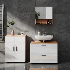 Badmöbel-Set Irma Weiß Hochglanz/Goldkraft Eiche 3 Teile, mit Unterschrank 80 cm Vicco