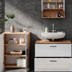 Badmöbel-Set Irma Weiß Hochglanz/Goldkraft Eiche 3 Teile, mit Unterschrank 80 cm Vicco