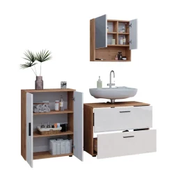 Badmöbel-Set Irma Weiß Hochglanz/Goldkraft Eiche 3 Teile, mit Unterschrank 80 cm Vicco