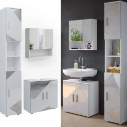 Badmöbel-Set Irma Weiß Hochglanz mit Einsätzen 3 Teile, mit Hochschrank Vicco