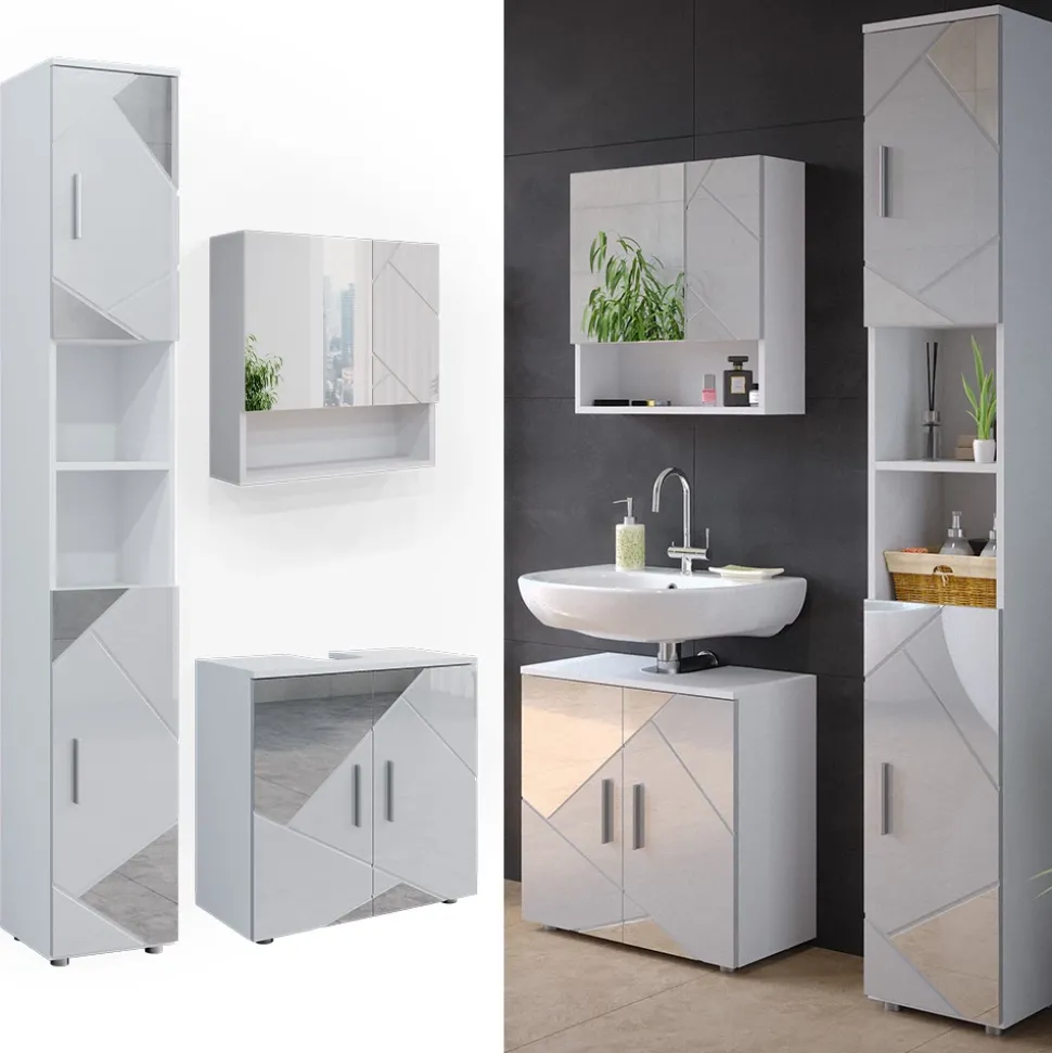 Badmöbel-Set Irma Weiß Hochglanz mit Einsätzen 3 Teile, mit Hochschrank Vicco