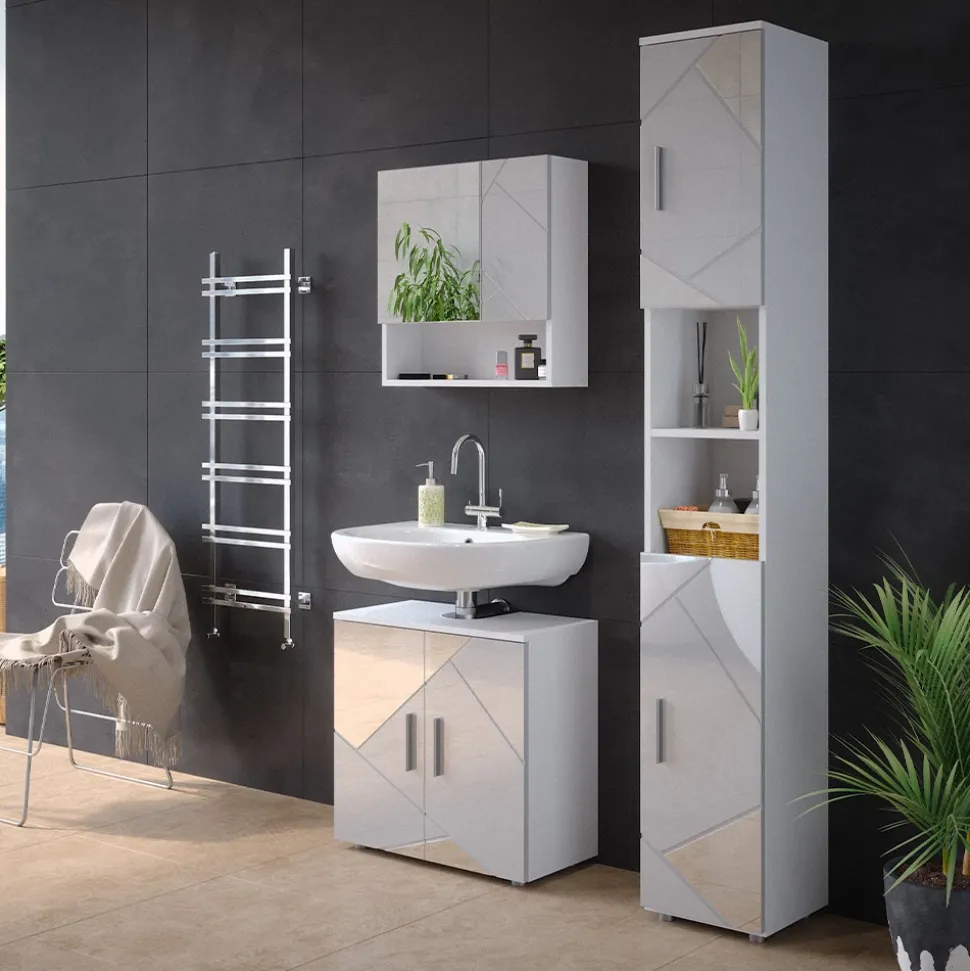 Badmöbel-Set Irma Weiß Hochglanz mit Einsätzen 3 Teile, mit Hochschrank Vicco