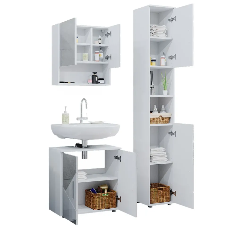 Badmöbel-Set Irma Weiß Hochglanz mit Einsätzen 3 Teile, mit Hochschrank Vicco