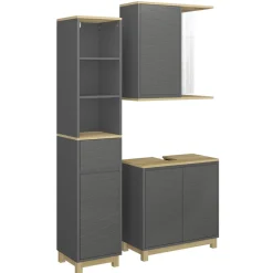 Badmöbel-Set Livia Anthrazit/Eiche 3 Teile, mit Hochschrank Vicco