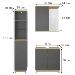 Badmöbel-Set Livia Anthrazit/Eiche 3 Teile, mit Hochschrank Vicco