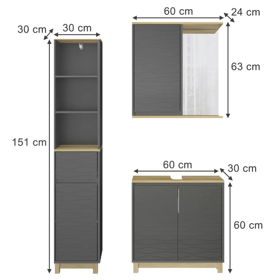 Badmöbel-Set Livia Anthrazit/Eiche 3 Teile, mit Hochschrank Vicco