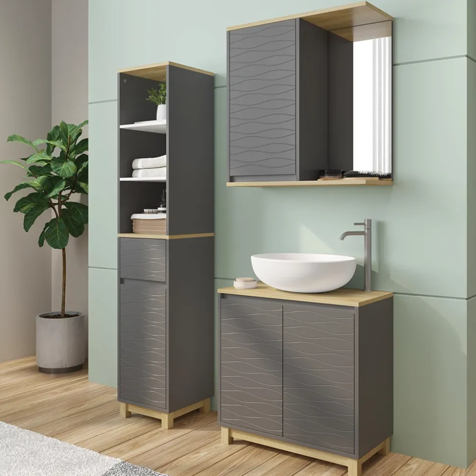 Badmöbel-Set Livia Anthrazit/Eiche 3 Teile, mit Hochschrank Vicco