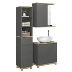 Badmöbel-Set Livia Anthrazit/Eiche 3 Teile, mit Hochschrank Vicco