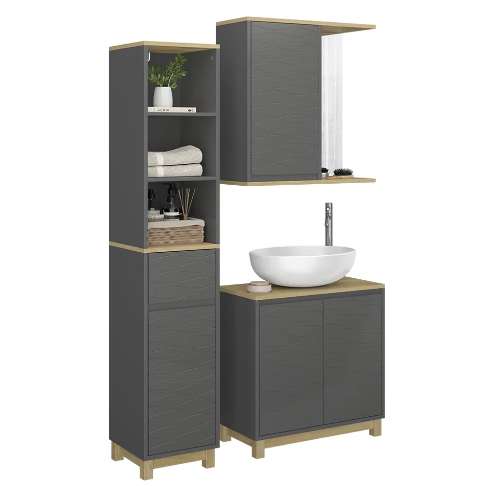 Badmöbel-Set Livia Anthrazit/Eiche 3 Teile, mit Hochschrank Vicco