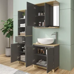Badmöbel-Set Livia Anthrazit/Eiche 3 Teile, mit Hochschrank Vicco