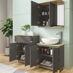 Badmöbel-Set Livia Anthrazit/Eiche 3 Teile, mit Badregal Vicco