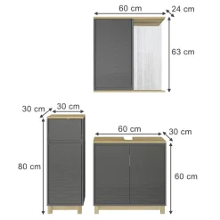 Badmöbel-Set Livia Anthrazit/Eiche 3 Teile, mit Midischrank Vicco