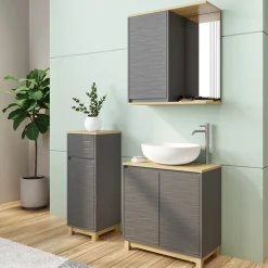Badmöbel-Set Livia Anthrazit/Eiche 3 Teile, mit Midischrank Vicco
