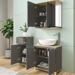 Badmöbel-Set Livia Anthrazit/Eiche 3 Teile, mit Midischrank Vicco