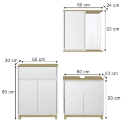 Badmöbel-Set Livia Weiß/Eiche 3 Teile, mit Midischrank Vicco