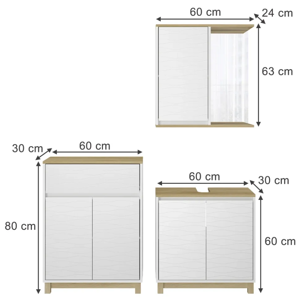 Badmöbel-Set Livia Weiß/Eiche 3 Teile, mit Midischrank Vicco