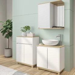 Badmöbel-Set Livia Weiß/Eiche 3 Teile, mit Midischrank Vicco