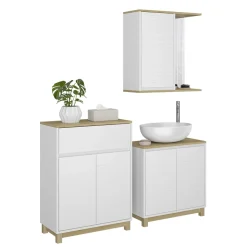 Badmöbel-Set Livia Weiß/Eiche 3 Teile, mit Midischrank Vicco