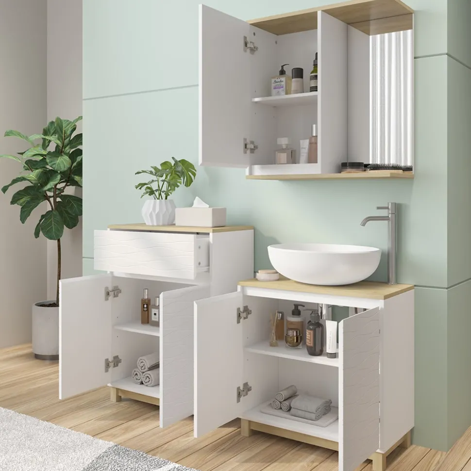 Badmöbel-Set Livia Weiß/Eiche 3 Teile, mit Midischrank Vicco