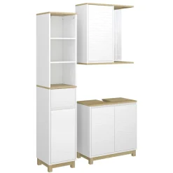 Badmöbel-Set Livia Weiß/Eiche 3 Teile, mit Hochschrank Vicco