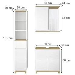 Badmöbel-Set Livia Weiß/Eiche 3 Teile, mit Hochschrank Vicco