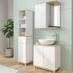 Badmöbel-Set Livia Weiß/Eiche 3 Teile, mit Hochschrank Vicco