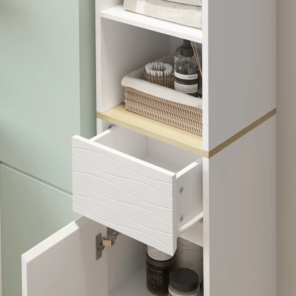 Badmöbel-Set Livia Weiß/Eiche 3 Teile, mit Hochschrank Vicco