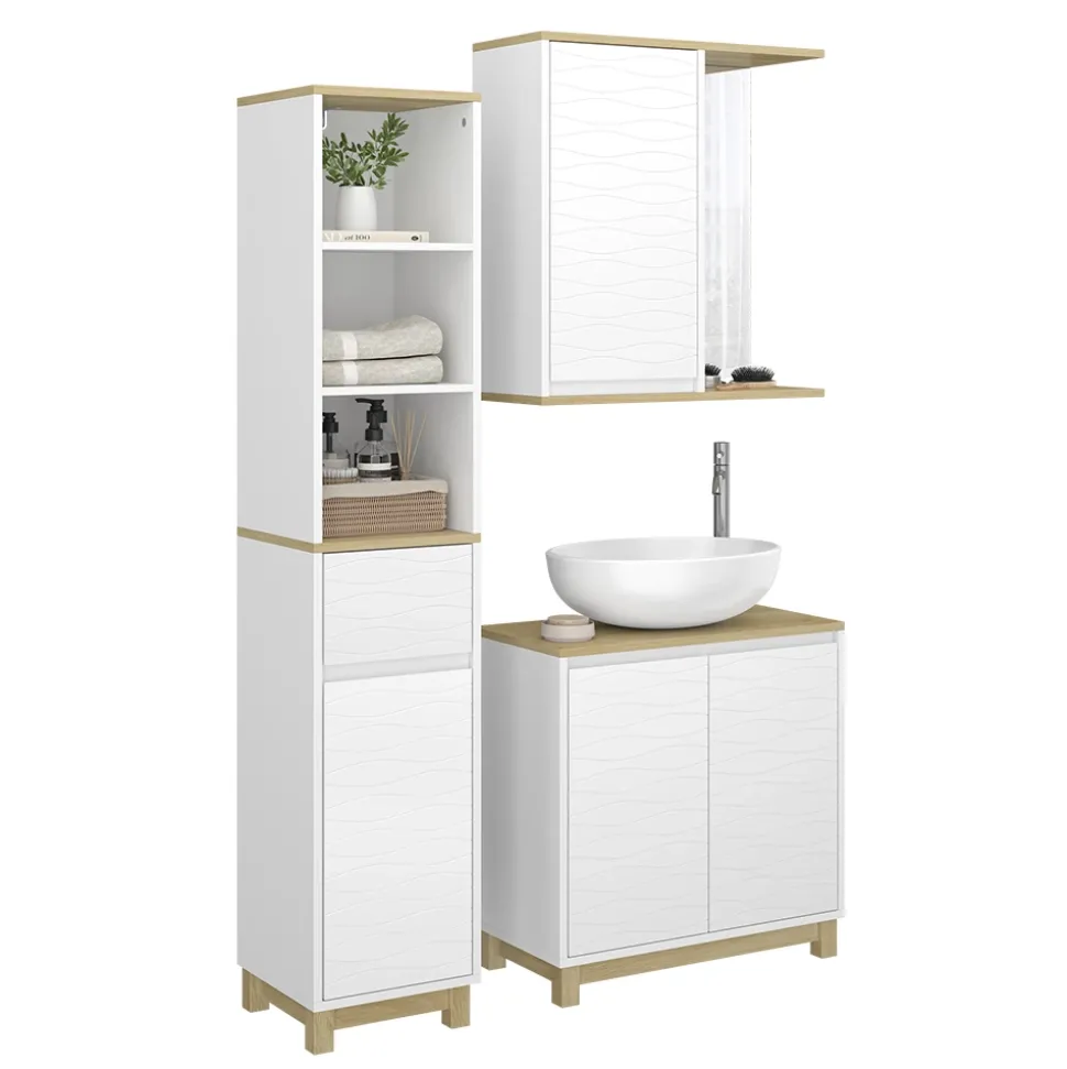 Badmöbel-Set Livia Weiß/Eiche 3 Teile, mit Hochschrank Vicco