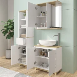 Badmöbel-Set Livia Weiß/Eiche 3 Teile, mit Hochschrank Vicco