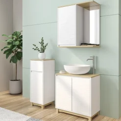 Badmöbel-Set Livia Weiß/Eiche 3 Teile, mit Midischrank Vicco